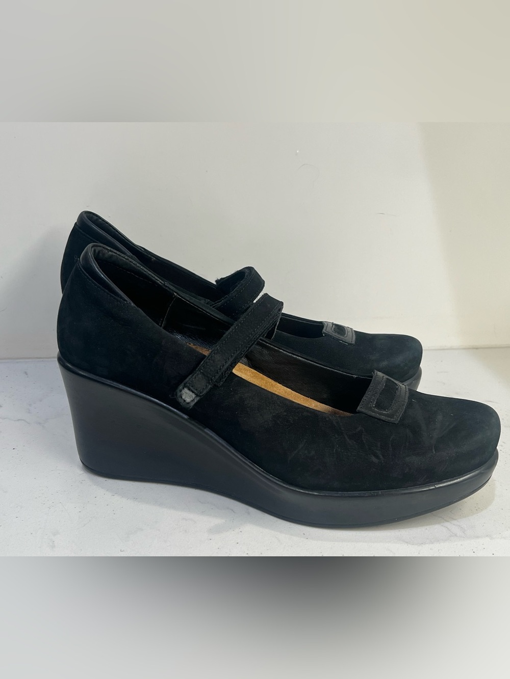 Naot Black Leather Mary Jane Wedge Pumps